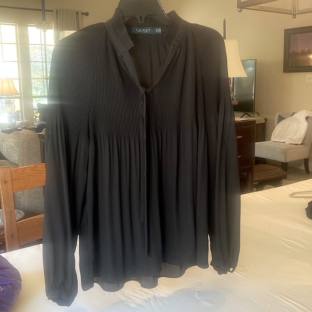 Ralph Lauren black Petite M chiffon pleated blouse. Beautifully draped. Mint.
